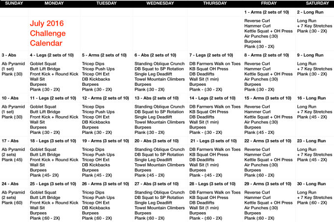 July 2016 Challenge Calender